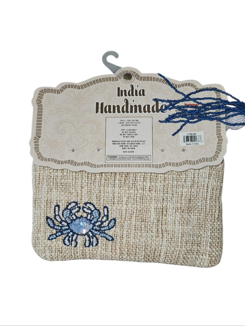 NWT Viral Beaded Blue Crab Wristlet On Natural Woven Fabric - India Handmade 🦀✨ - Picture 4 of 9
